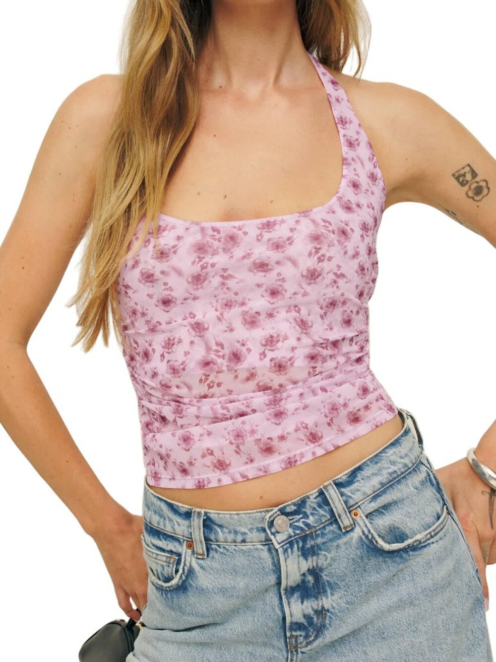 NWT Reformation Molly Knit Top Rosita Pink Floral Ruched Mesh Halter XS